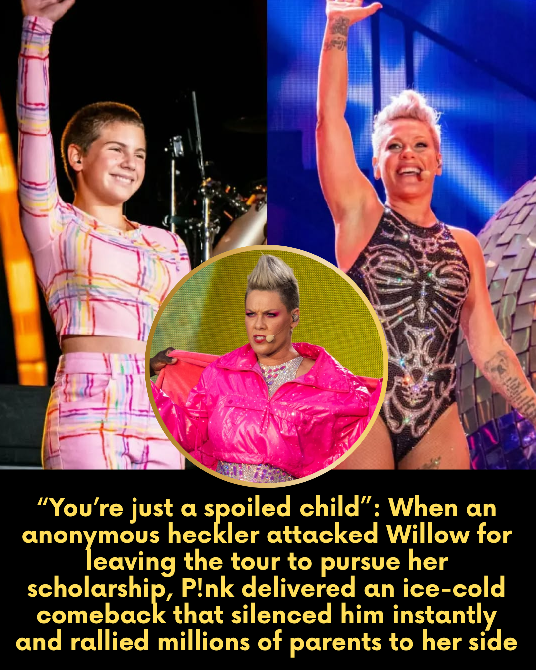 “You’re just a spoiled child”: When an anonymous heckler attacked Willow for leaving the tour to pursue her scholarship, P!nk delivered an ice-cold comeback that silenced him instantly and rallied millions of parents to her side