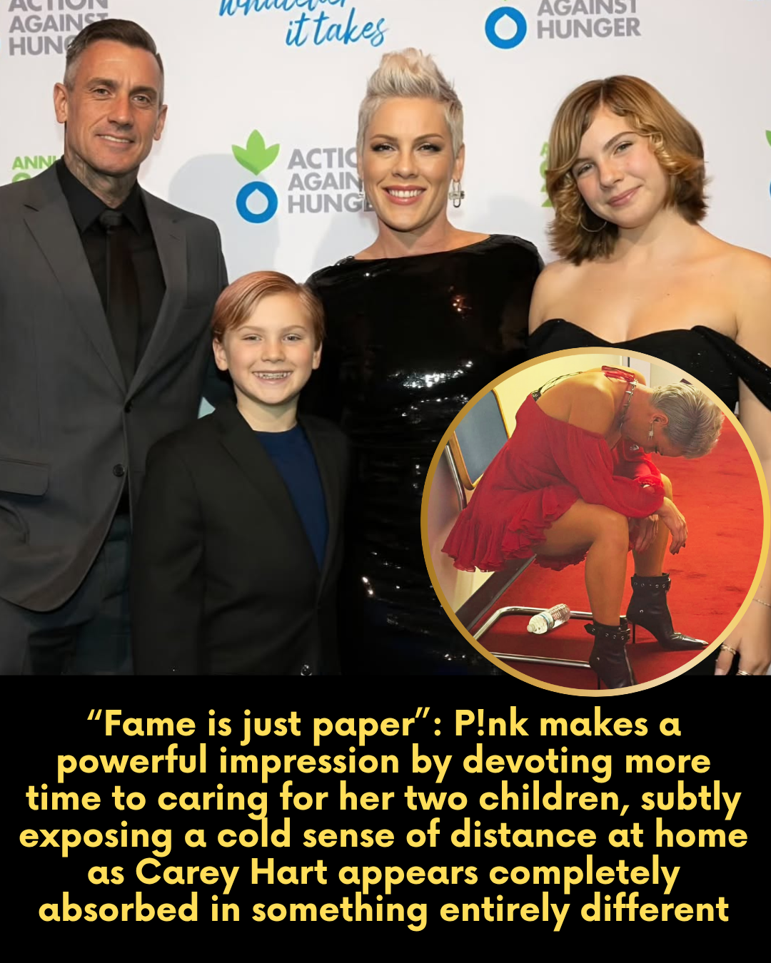 “Fame is just paper”: P!nk makes a powerful impression by devoting more time to caring for her two children, subtly exposing a cold sense of distance at home as Carey Hart appears completely absorbed in something entirely different