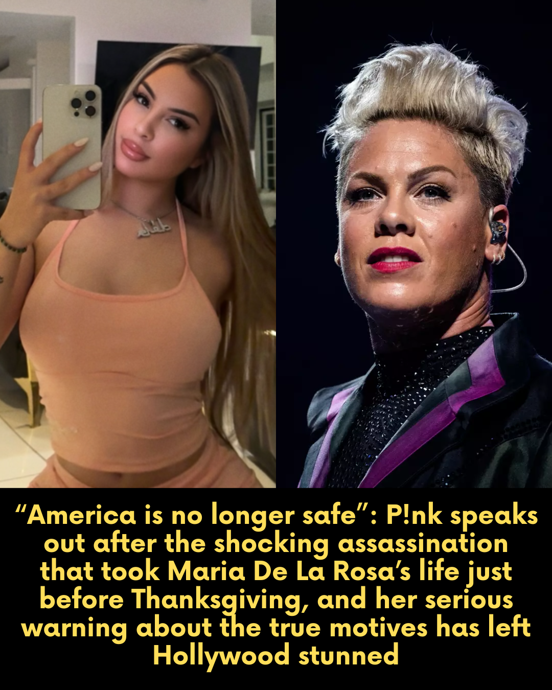 “America is no longer safe”: P!nk speaks out after the shocking assassination that took Maria De La Rosa’s life just before Thanksgiving, and her serious warning about the true motives has left Hollywood stunned