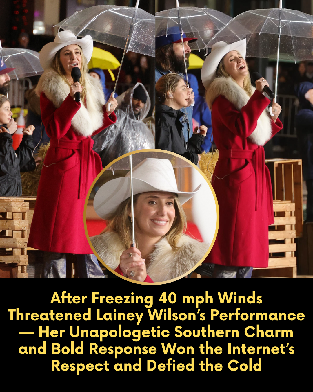 After Freezing 40 mph Winds Threatened Lainey Wilson’s Performance — Her Unapologetic Southern Charm and Bold Response Won the Internet’s Respect and Defied the Cold