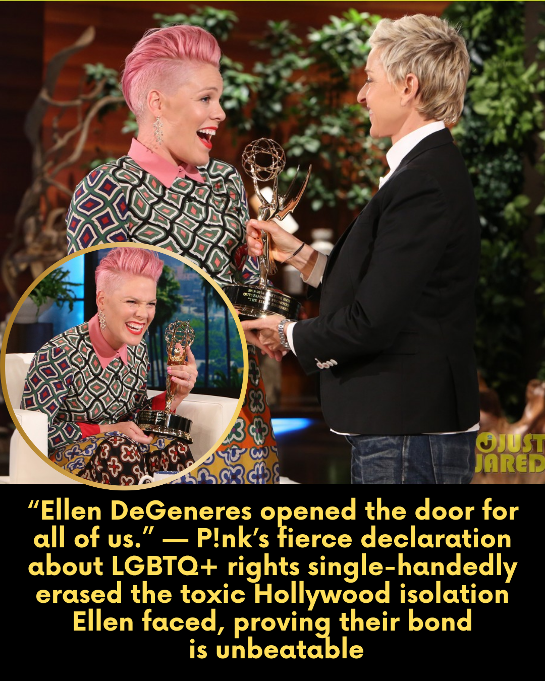 “Ellen DeGeneres opened the door for all of us.” — P!nk’s fierce declaration about LGBTQ+ rights single-handedly erased the toxic Hollywood isolation Ellen faced, proving their bond  is unbeatable