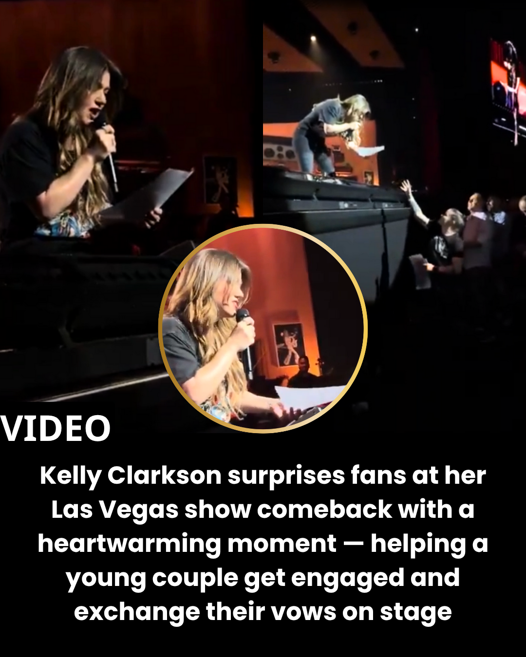 Kelly Clarkson surprises fans at her Las Vegas show comeback with a heartwarming moment — helping a young couple get engaged and exchange their vows on stage.