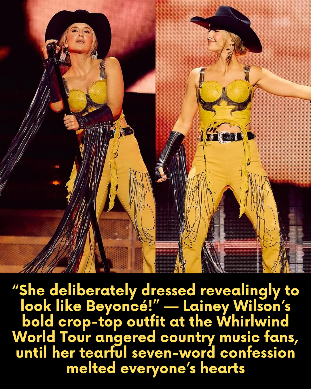 “She deliberately dressed revealingly to look like Beyoncé!” — Lainey Wilson’s bold crop-top outfit at the Whirlwind World Tour angered country music fans, until her tearful seven-word confession melted everyone’s hearts