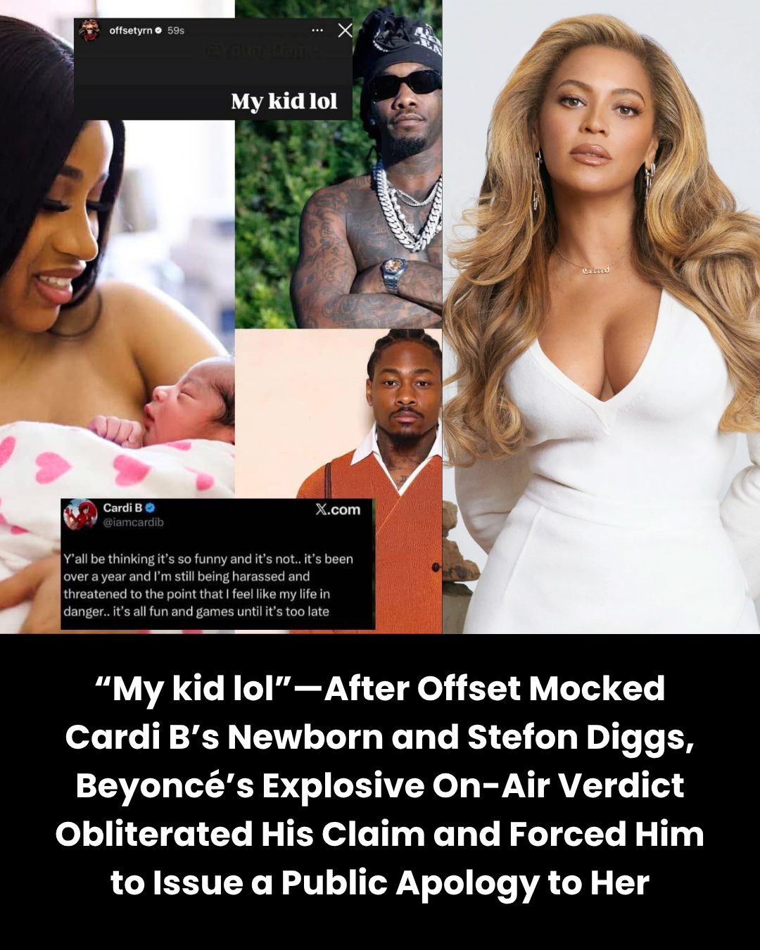 “My kid lol”—After Offset Mocked Cardi B’s Newborn and Stefon Diggs, Beyoncé’s Explosive On-Air Verdict Obliterated His Claim and Forced Him to Issue a Public Apology to Her