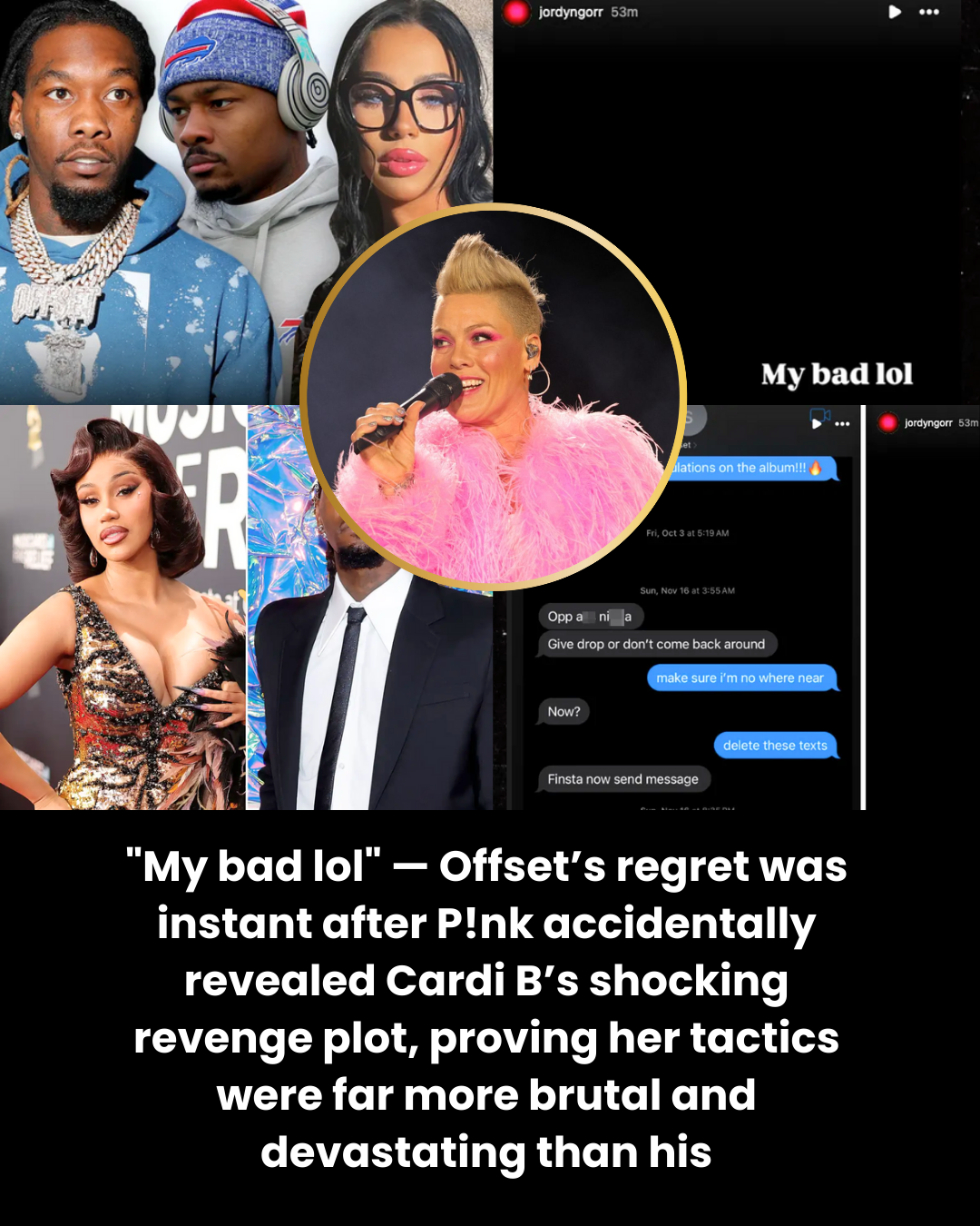 “My bad lol” — Offset’s regret was instant after P!nk accidentally revealed Cardi B’s shocking revenge plot, proving her tactics were far more brutal and devastating than his