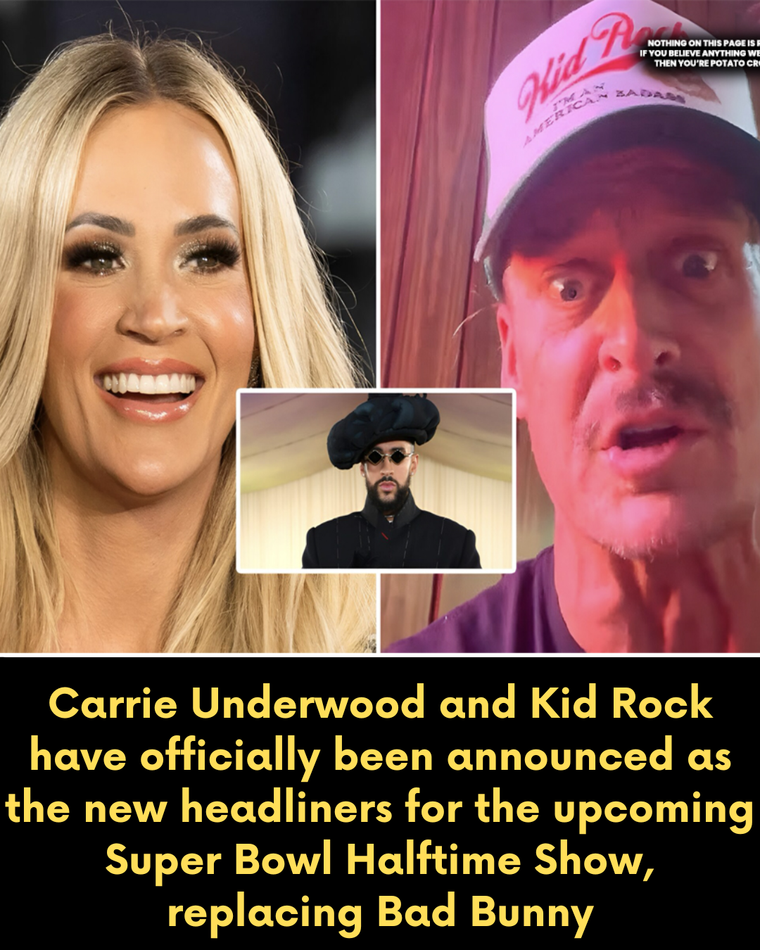 Carrie Underwood and Kid Rock have officially been announced as the new headliners for the upcoming Super Bowl Halftime Show, replacing Bad Bunny