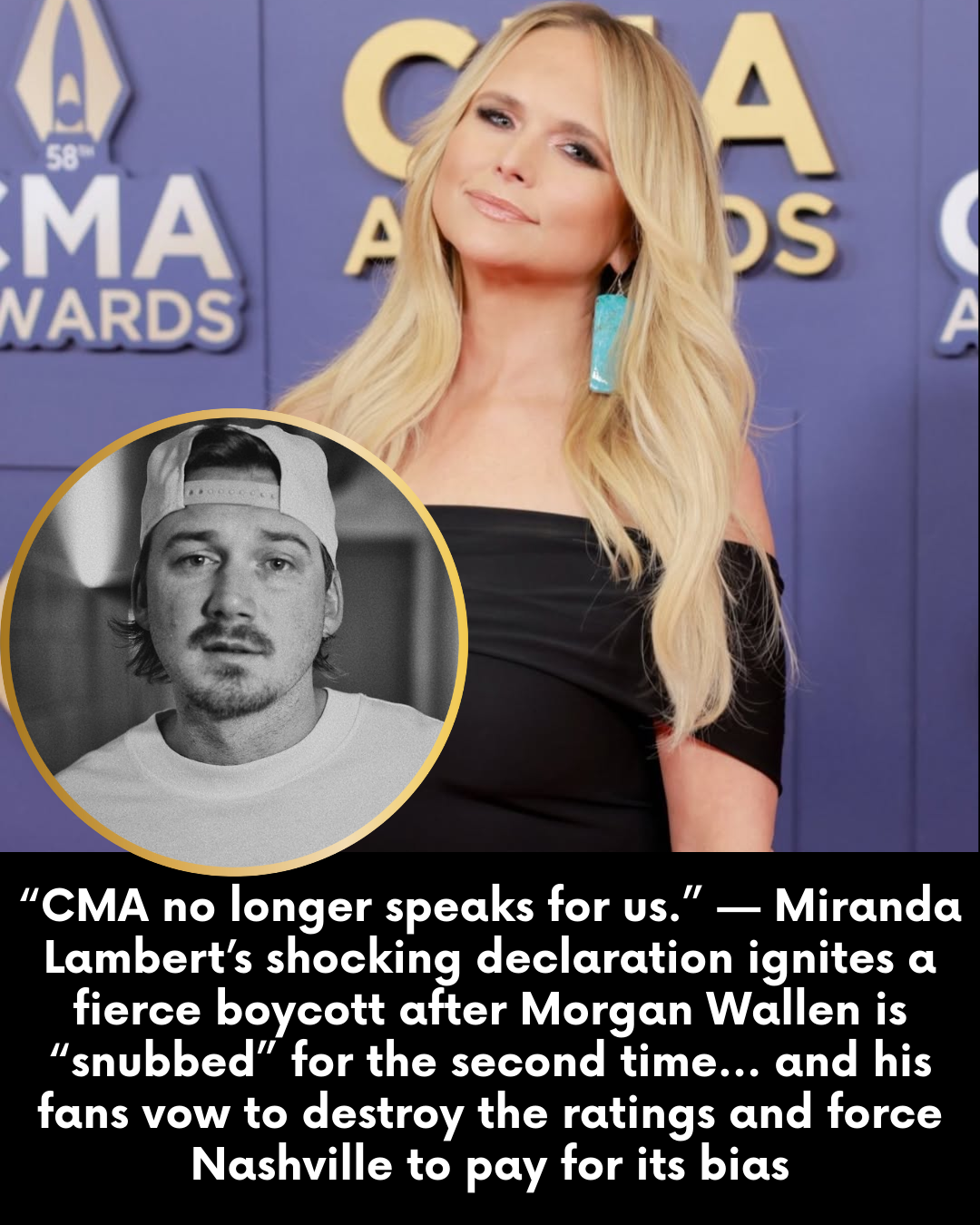 “CMA no longer speaks for us.” — Miranda Lambert’s shocking declaration ignites a fierce boycott after Morgan Wallen is “snubbed” for the second time… and his fans vow to destroy the ratings and force Nashville to pay for its bias
