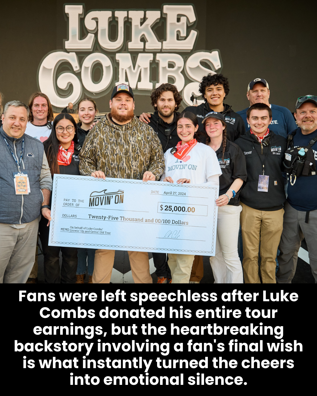 Fans were left speechless after Luke Combs donated his entire tour earnings, but the heartbreaking backstory involving a fan’s final wish is what instantly turned the cheers into emotional silence.