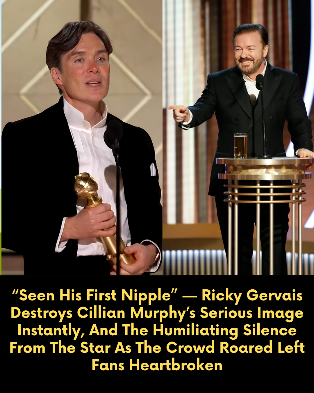“Seen His First Nipple” — Ricky Gervais Destroys Cillian Murphy’s Serious Image Instantly, And The Humiliating Silence From The Star As The Crowd Roared Left Fans Heartbroken