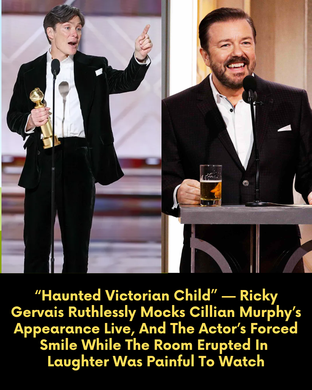 “Haunted Victorian Child” — Ricky Gervais Ruthlessly Mocks Cillian Murphy’s Appearance Live, And The Actor’s Forced Smile While The Room Erupted In Laughter Was Painful To Watch