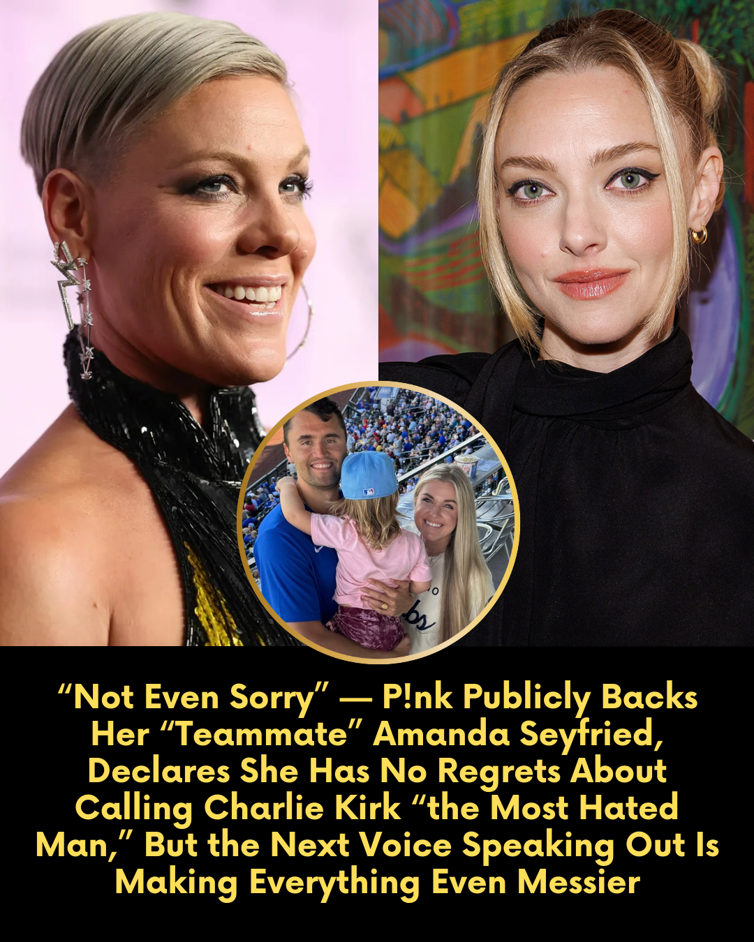 “Not Even Sorry” — P!nk Publicly Backs Her “Teammate” Amanda Seyfried, Declares She Has No Regrets About Calling Charlie Kirk “the Most Hated Man,” But the Next Voice Speaking Out Is Making Everything Even Messier