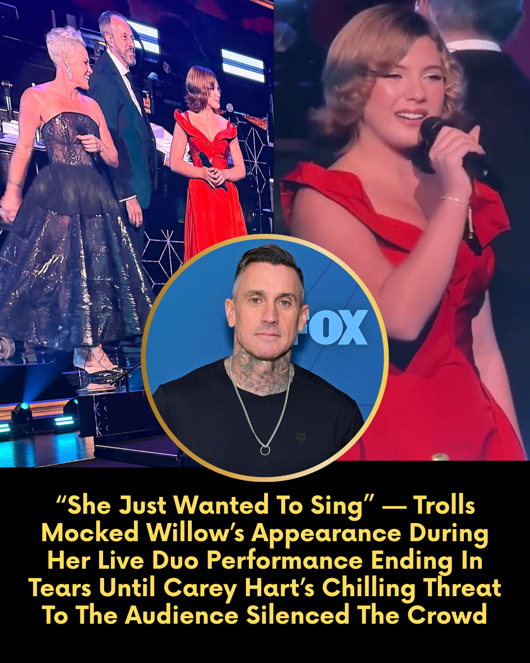 “She Just Wanted To Sing” — Trolls Mocked Willow’s Appearance During Her Live Duo Performance Ending In Tears Until Carey Hart’s Chilling Threat To The Audience Silenced The Crowd