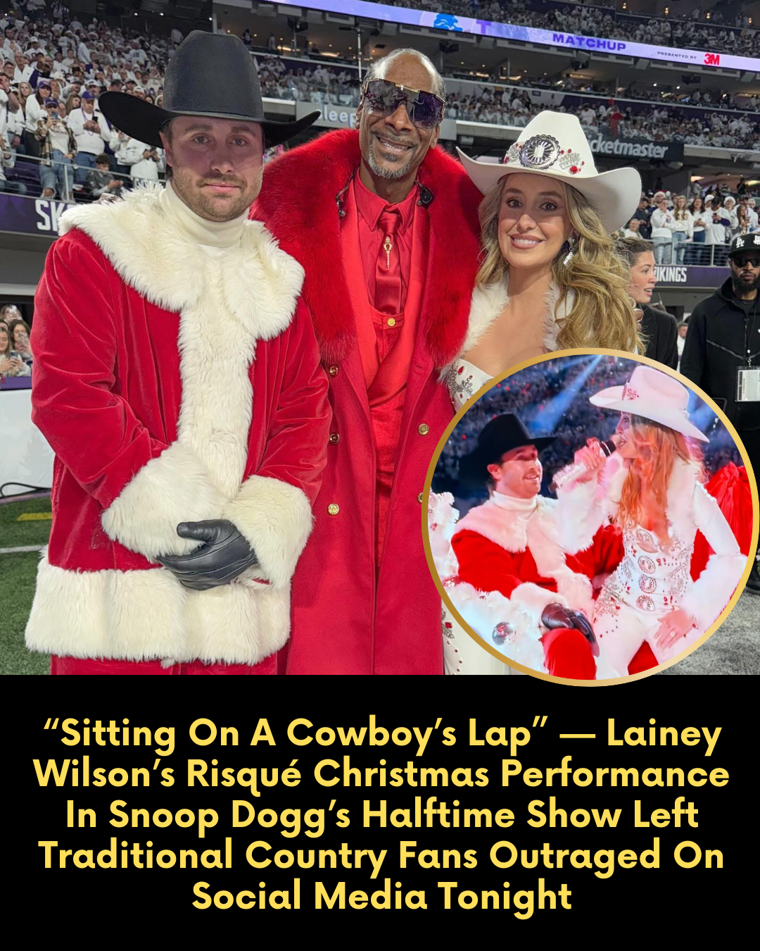 “Sitting On A Cowboy’s Lap” — Lainey Wilson’s Risqué Christmas Performance In Snoop Dogg’s Halftime Show Left Traditional Country Fans Outraged On Social Media Tonight.