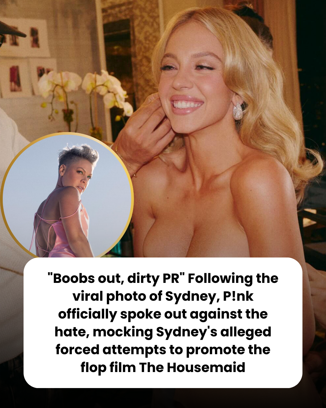 “Boobs out, dirty PR” Following the viral photo of Sydney, P!nk officially spoke out against the hate, mocking Sydney’s alleged forced attempts to promote the flop film The Housemaid