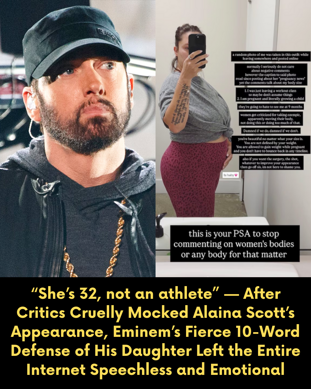 “She’s 32, not an athlete” — After Critics Cruelly Mocked Alaina Scott’s Appearance, Eminem’s Fierce 10-Word Defense of His Daughter Left the Entire Internet Speechless and Emotional