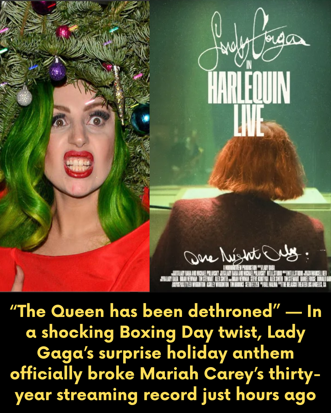 “The Queen has been dethroned” — In a shocking Boxing Day twist, Lady Gaga’s surprise holiday anthem officially broke Mariah Carey’s thirty-year streaming record just hours ago